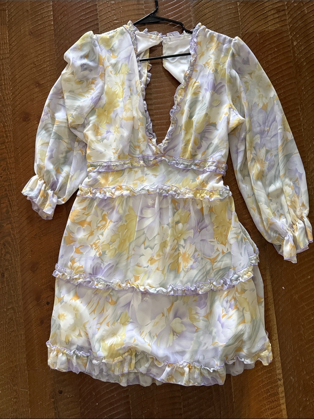 Floral Ruffle Tiered Mini Dress in Yellow & Lavender